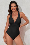 Black Deep V Neck Crossover Backless Ruched High Cut Monokini