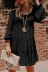 Black Puff Sleeve Smocked Tiered Short Dress