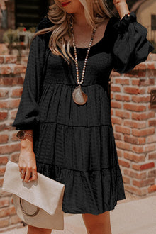  Black Puff Sleeve Smocked Tiered Short Dress