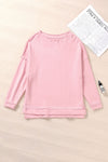 Pink Casual Frayed Trim Side Slit Loose Sweatshirt