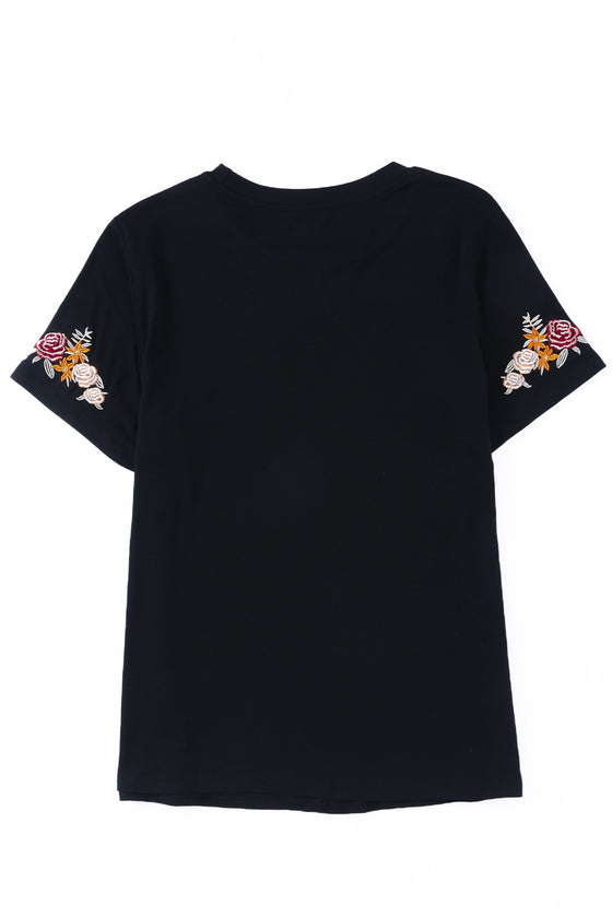 Black Casual Floral Embroidered T-Shirt