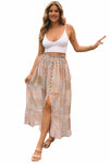 Peach Colored Boho Flower Print Smocked Waist Button Slit Maxi Skirt