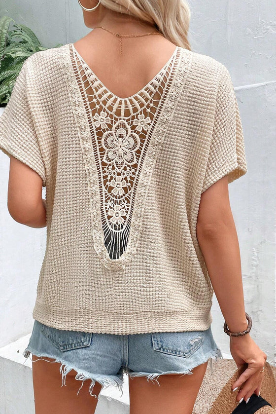 Oatmeal Guipure Lace Splicing Back Waffle Textured T-shirt | Available in 2 Colors