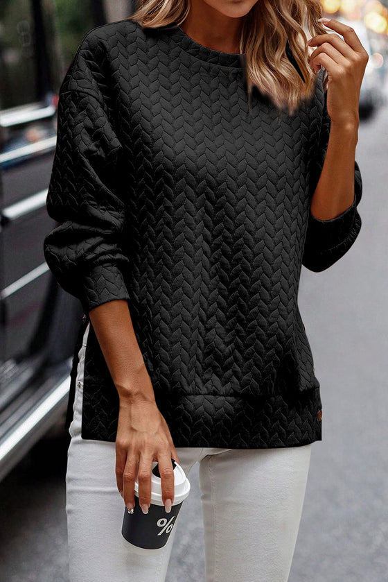 Black Quilted Snap Button Detail Drop Shoulder Sweatshirt | Available in Pink