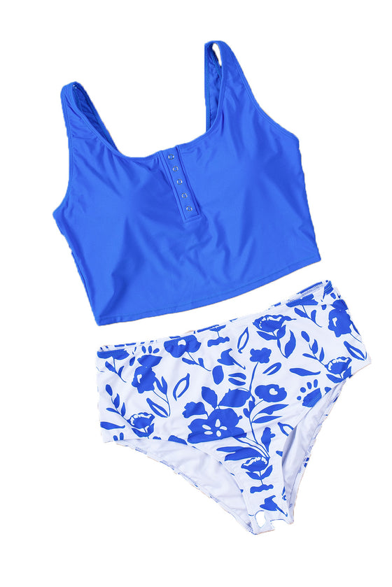 Blue Square Neck Sleeveless Floral Print Tankini Swimsuit | Available in 4 Styles