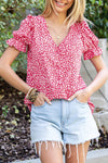 Pink Abstract Print V-Neck Blouse