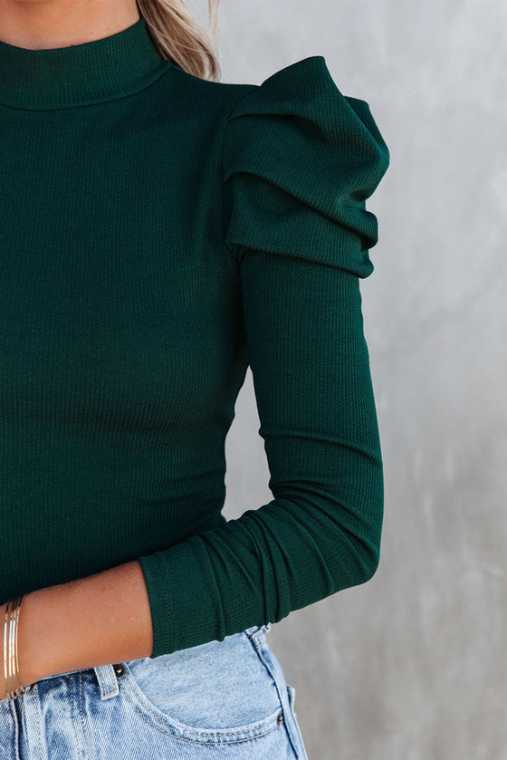 Green Puff Sleeve Keyhole Back Ribbed Knit Bodysuit