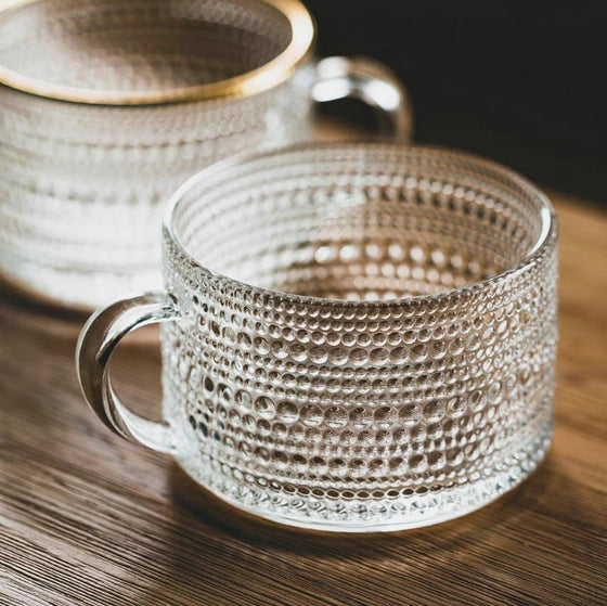 Vintage Embossed Glass Coffee Cup with Gold or Silver Rim