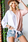 White Colorblock V Neck Collared Side Slits Blouse