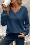 Indigo Textured V Neck Drop Sleeve Split Top