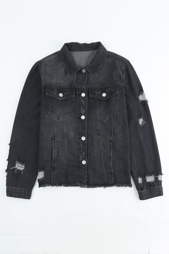 Black Casual Distressed Raw Hem Buttons Denim Jacket | Available in 3 Colors