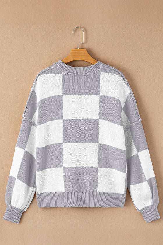 Khaki Plaid Bishop Sleeve Pullover Sweater