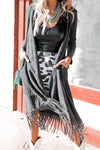 Black Mineral Washed Tassel Open Front Long Cardigan