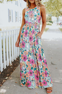  Multicolor Floral Printed Round Neck Sleeveless Maxi Dress