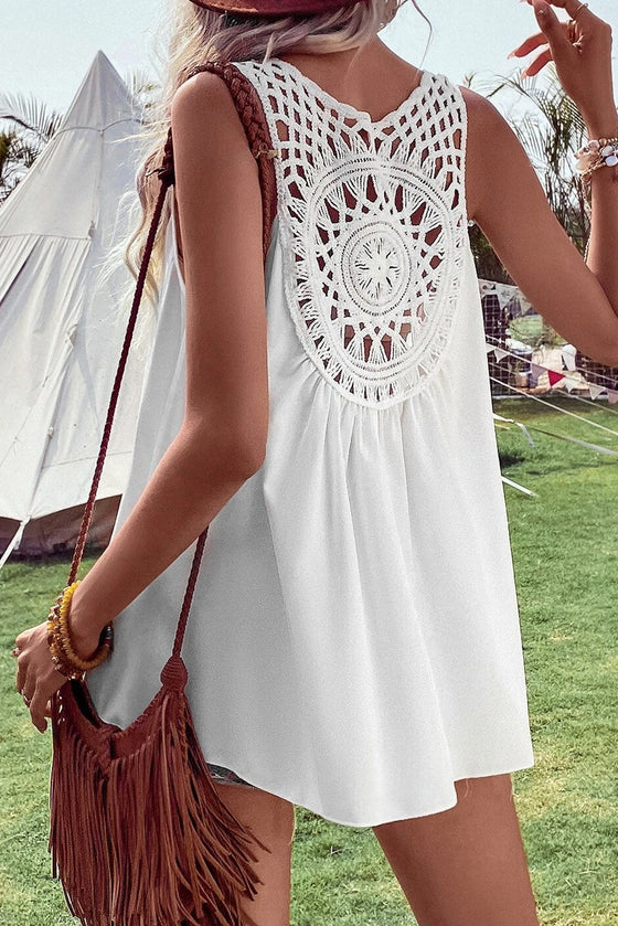 White Bohemian Crochet Sleeveless Tunic Top | Also Available in Black