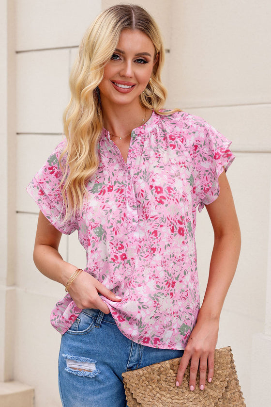 Floral Button Notch Neck Ruffle Sleeve Blouse | Available in 2 Colors