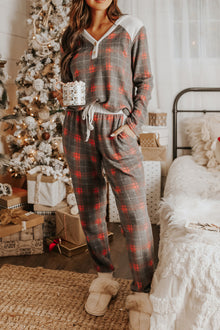  Grey Plaid Button V Neck Top & Drawstring Pants Loungewear Set