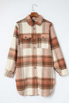 Brown Plaid Casual Button Up Flannel Long Shacket with Flap Pockets