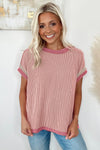 Bright Pink Textured Contrast Color T Shirt | Available in 4 Colors