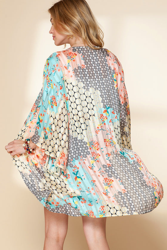 Multicolor Boho Floral Open Front Half Sleeve Kimono