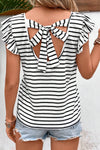 White Stripe V Neck Knotted Backless Ruffle T Shirt