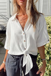 White Textured Knotted Button-up Half Sleeve Blouse