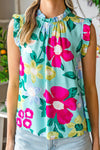 Green Floral Print Ruffle Trim Sleeveless Shirt