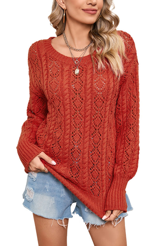 Orange Eyelet Lantern Sleeve Ribbed Trim Sweater