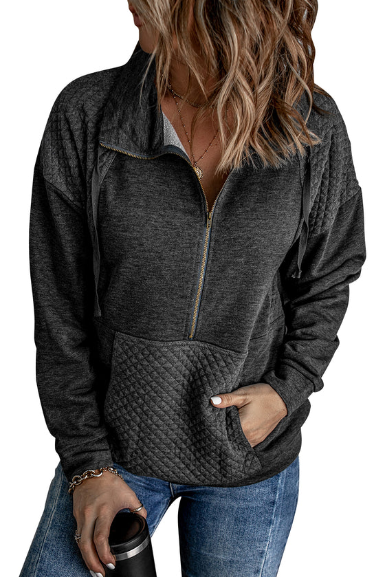 Grey Casual Pocket Quilted Patch Half Zipper Sweatshirt