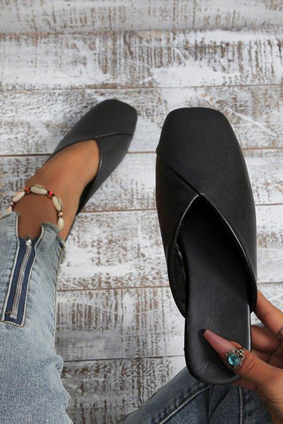 Black Square Toe PU Leather Slip On Slippers