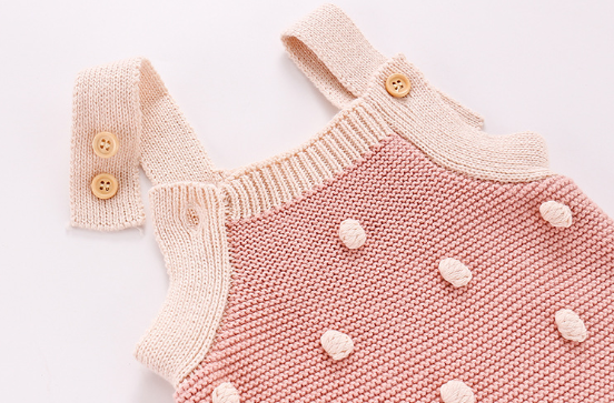 Pink Knitted Baby Sweater Romper with Pom Pom and Button Detail