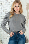 Gray Basic Buttoned Puff Long Sleeve Sheath Top