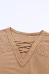 Pink Lace Waffle Knit Crisscross Straps V Neck Long Sleeve Top |Available in 2 Colors