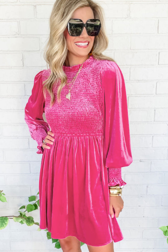 Rose Red Smocked Lantern Sleeve Frilled Velvet Dress | Available in Other Colors