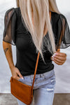 Black Summer Sheer Flutter Sleeve V Neck Ribbed Knit Tee