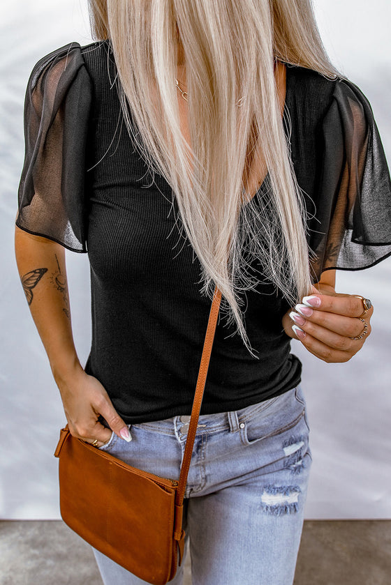 Black Summer Sheer Flutter Sleeve V Neck Ribbed Knit Tee