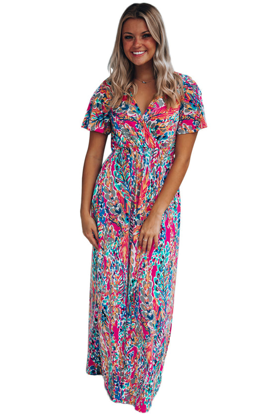 Abstract Print Wrap V Neck Flutter Sleeve Mid Length Summer Dress | Available in Blue