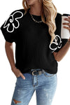 Black Floral Batwing Sleeve Knitted T Shirt | Available in White