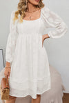 White Jacquard Square Neck Bubble Sleeve Dress