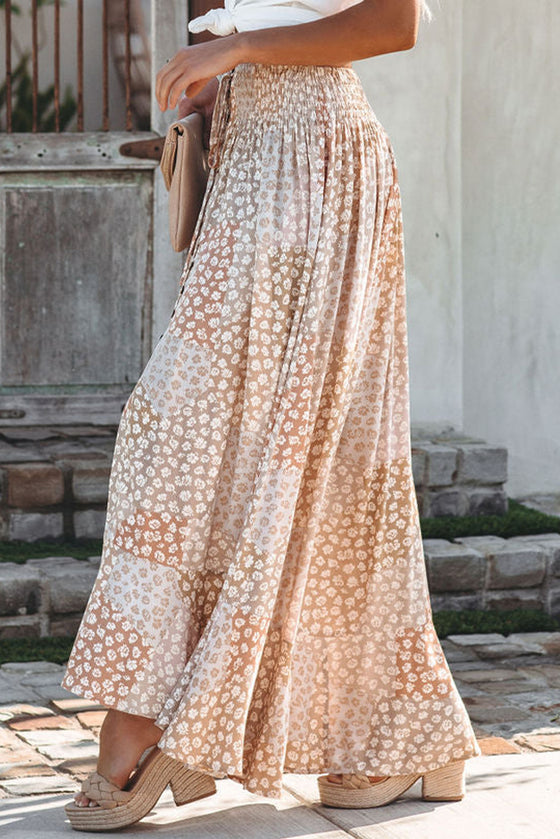 Peach Colored Boho Flower Print Smocked Waist Button Slit Maxi Skirt