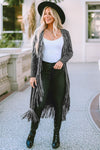 Black Mineral Washed Tassel Open Front Long Cardigan