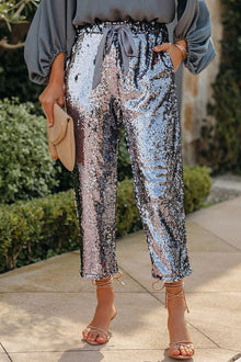  Silver High Waisted Drawstring Cropped Sequin Pants