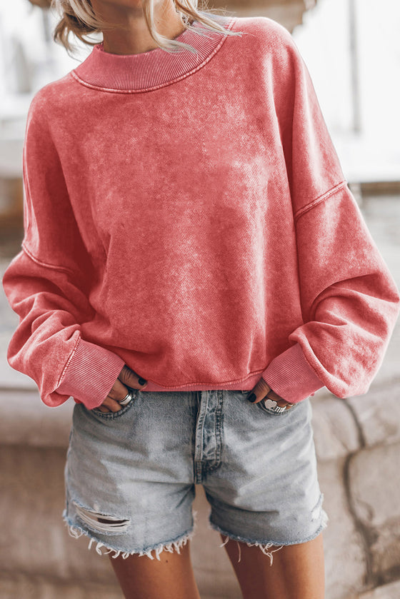 Red Drop Shoulder Crewneck Washed Pullover Sweatshirt