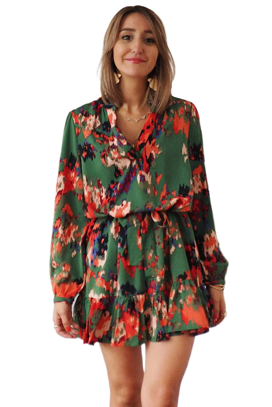 Abstract Print Waist Belted Long Sleeve Dress | Other Colors Available