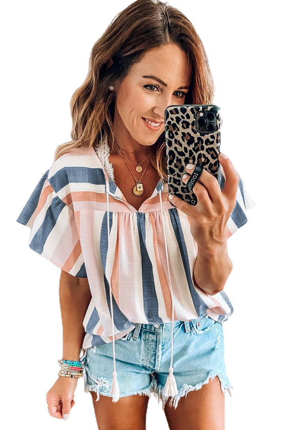 Pink and Blue Stripes V Neck Blouse