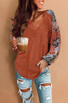 Bohemian Printed Patchwork Sleeve Casual Waffle Texture Top