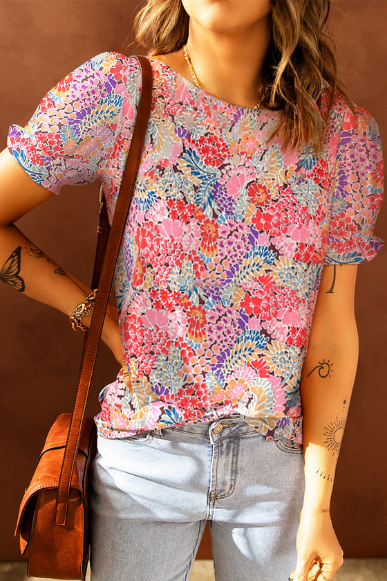 Pink Floral Bubble Sleeve Blouse