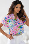 Pink Abstract Floral Print Split V Neck Top