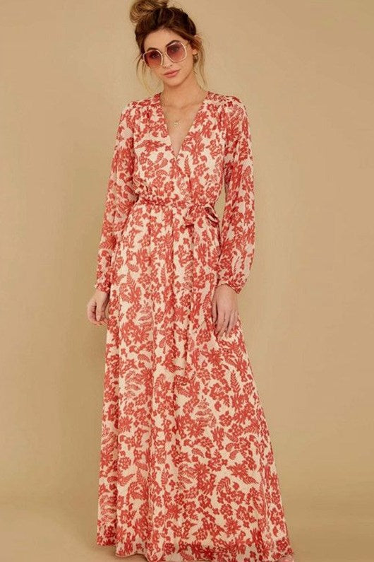 Vintage Style Maxi Dress in Red and Cream Floral Pattern