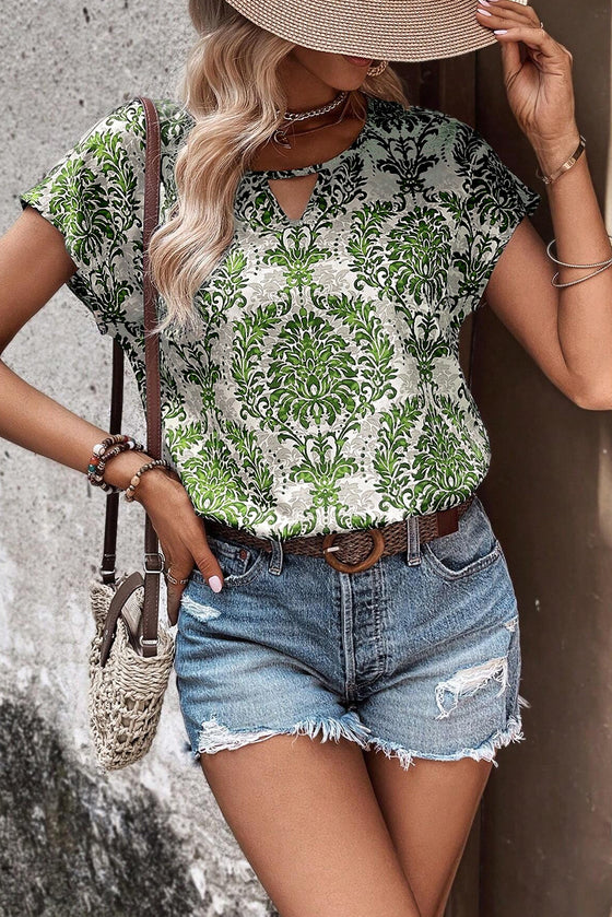 Green Floral Print Keyhole Neck Dolman Sleeve Blouse